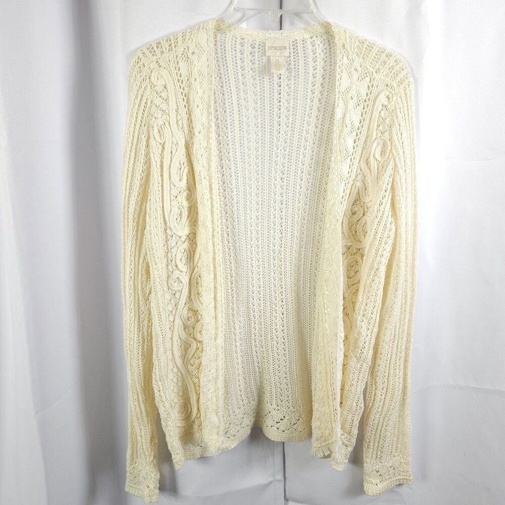 Chico's White Open Knit Open Front Cardigan Long Sleeve Women's 0 US 4